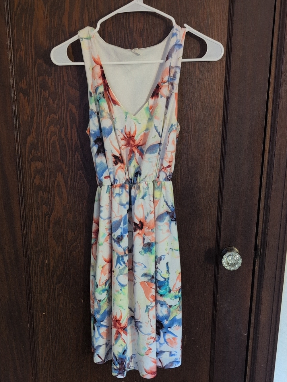 Floral V-Neck Sleeveless Dress - White with Multicolor Print